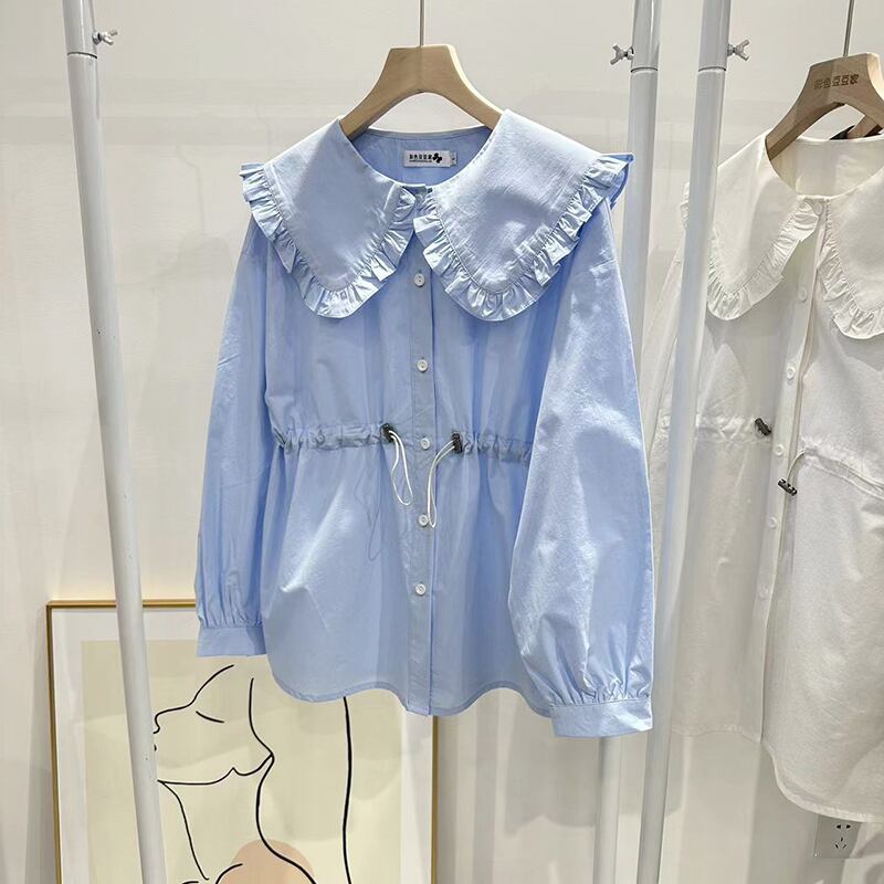 トップス レディース シャツ ブラウス 長袖 ドールカラー ビックカラー フリルカラー フリル ウエストマーク かわいい 大人可愛い きれいめ シンプル カジュアル 清楚 フェミニン シック おしゃれ 綺麗 お嬢様 ナチュラル こなれ感 ラフ ラブリー キュート ガーリー 個性的 レトロ 抜け感 爽やか 存在感 無地 ストライプ 学生 通学 デート お出かけ 女子会 休日 散歩 フリーサイズ ホワイト ブラック ブルー 春 秋 10代 20代 30代 韓国 着回し 普段使い 体型カバー 楽ちん 送料無料