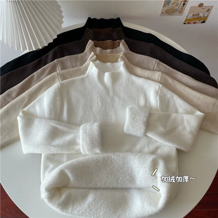 ホワイトハーフタートルネックプラスベルベット肥厚セーター女性春怠惰な長袖ボトシャツ多用途スリム暖かいセーター ロング スプリング 春物 ガールズファッション31442261018