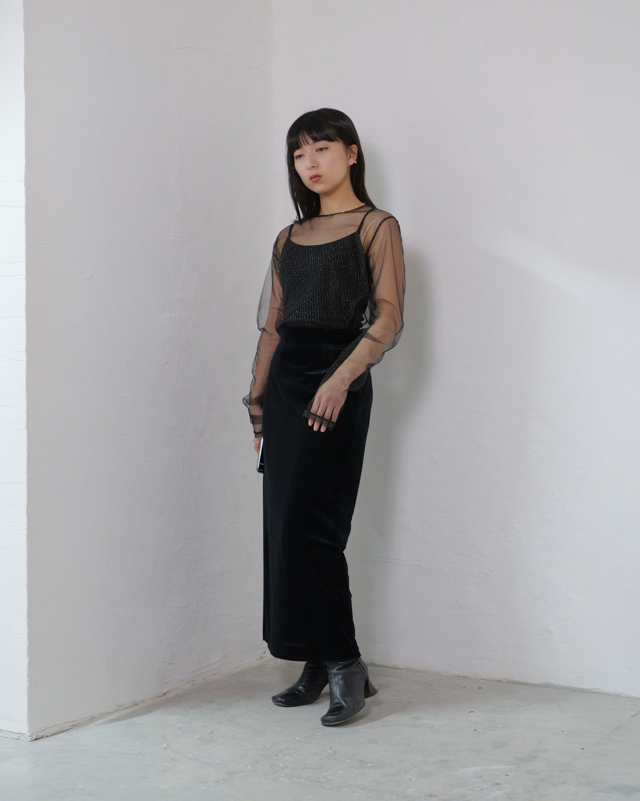 FOURAM - LAME TULLE STRIPE P/O :Black|ラメチュール/ストライプ/セカンドスキン