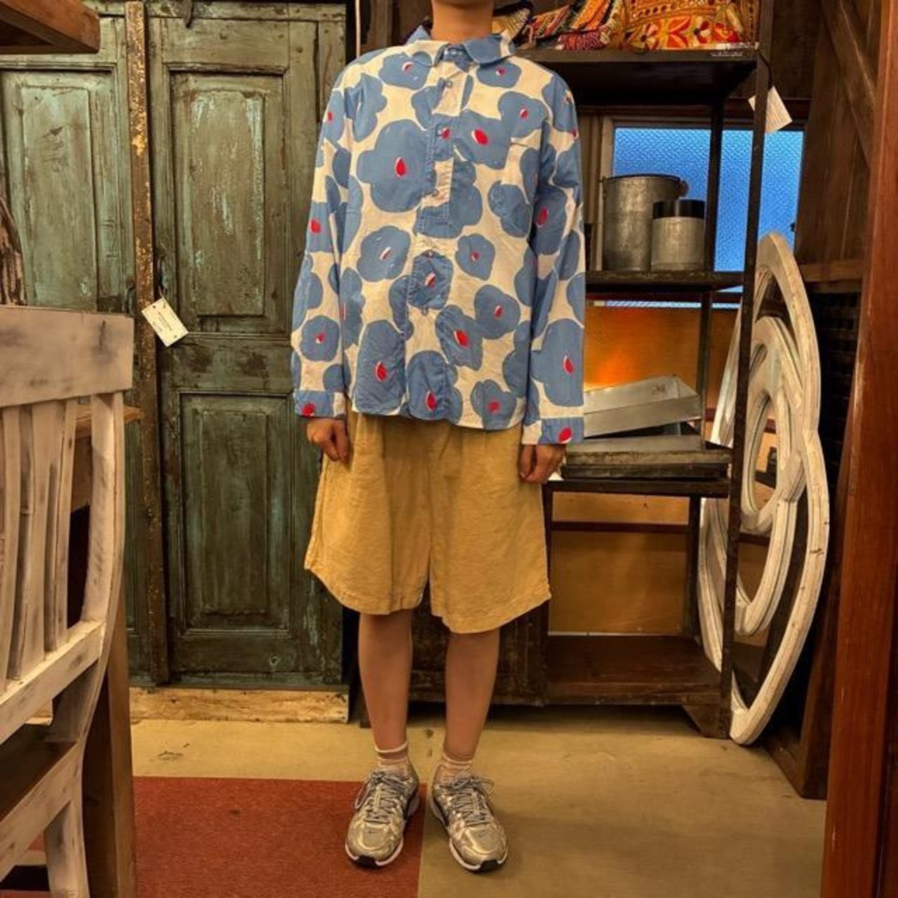 TOPANGA Lady's Nordic Flower Loose Fit Shirt　ノルディックフラワールーズフィットシャツ　ホワイト×ブルー　長袖　丸襟　ブラウス　花柄　