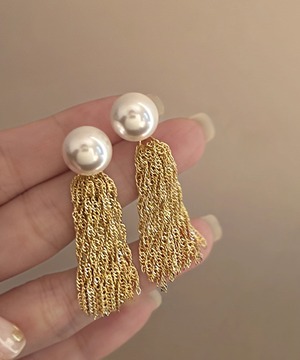 ゴールドタッセル◆イミテーションパール2weyピアス【e-70358】