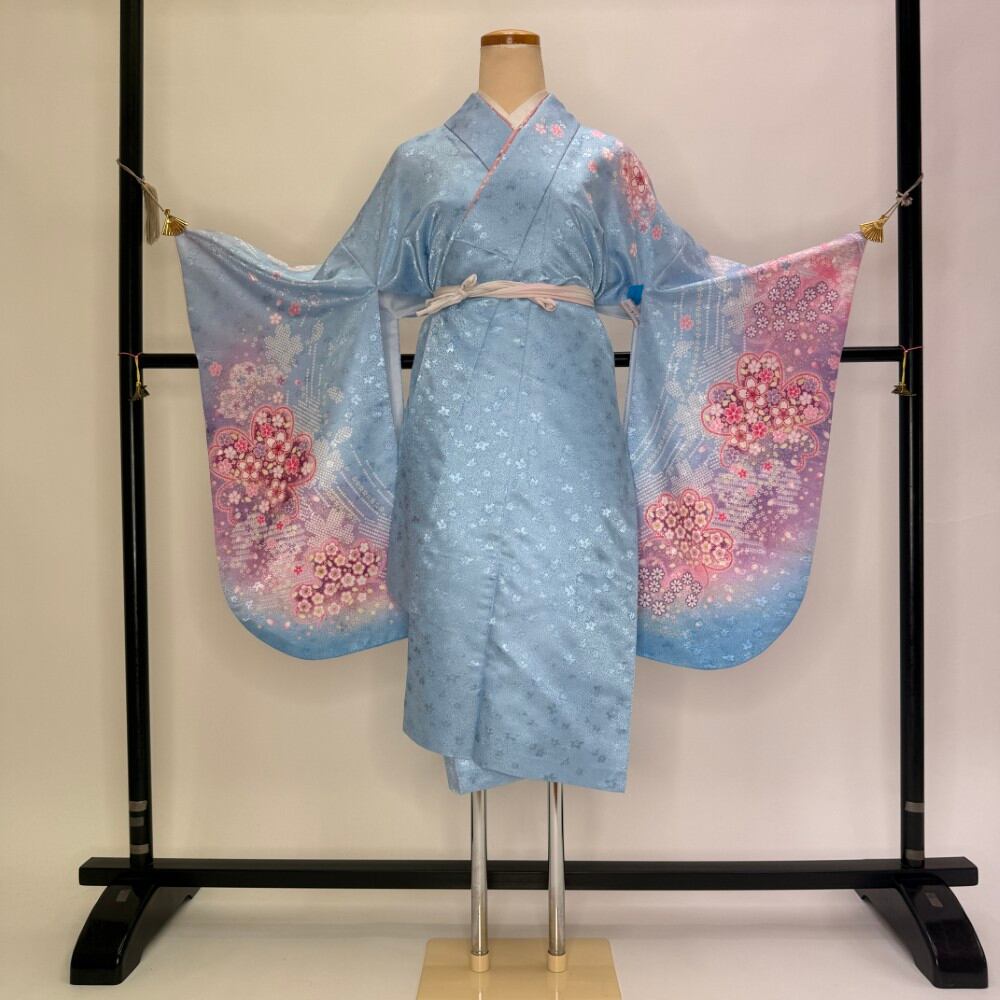二尺袖 単品 卒業式着物 水色 裄68cm Lサイズ 袴用着物 化繊 中古 5824