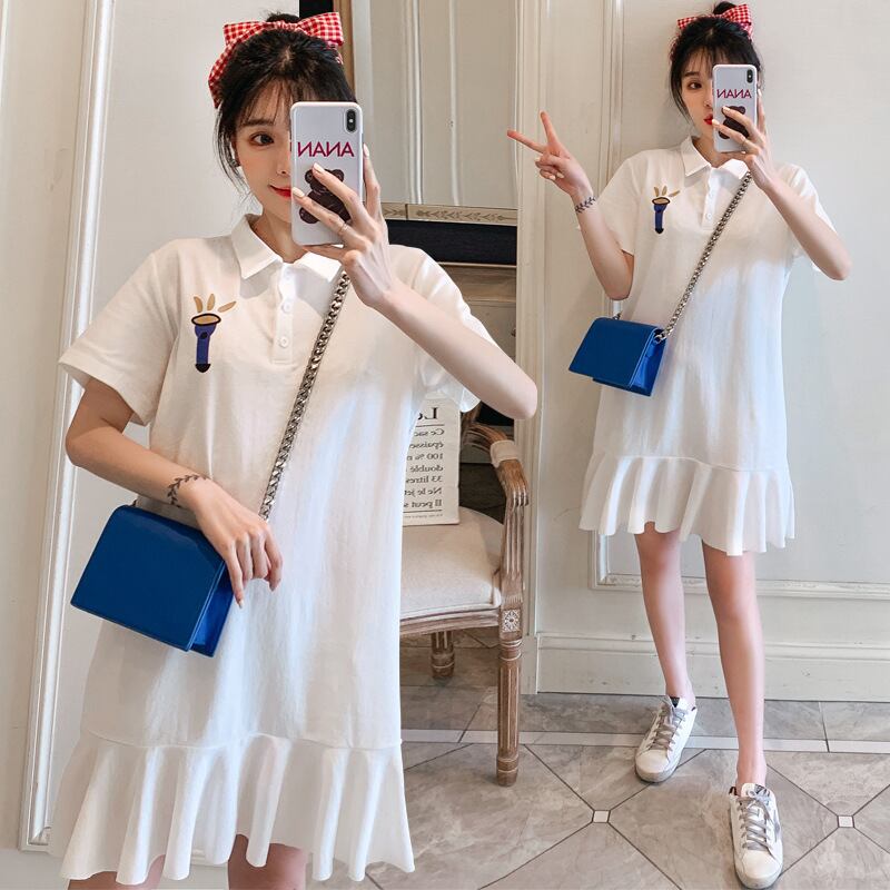 【新作】【送料無料】 マタニティウェア2020夏の新しいニットPOLOカラールーズTシャツスカート、トレンディなマザーミドル丈、年齢を減らすマタニティスカート-アリババ サマー 夏物 expec260914520648