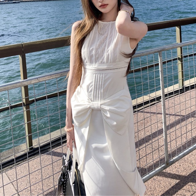 ノースリーブ リボン ワンピース　　a125