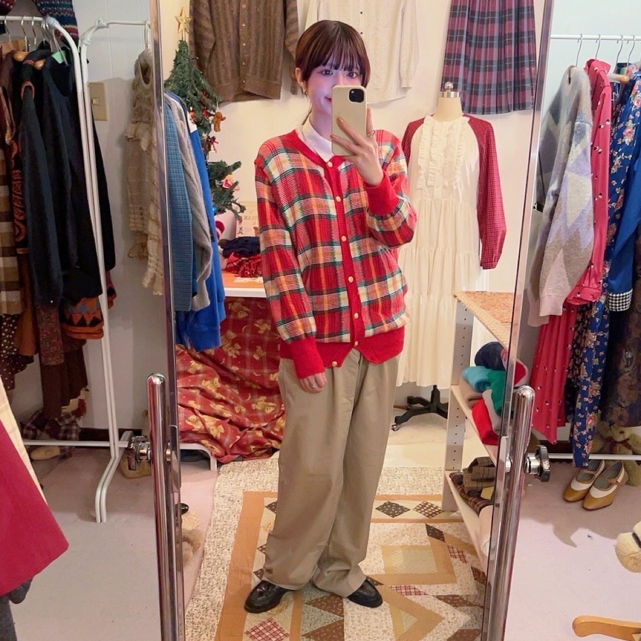 red green check knit cardigan