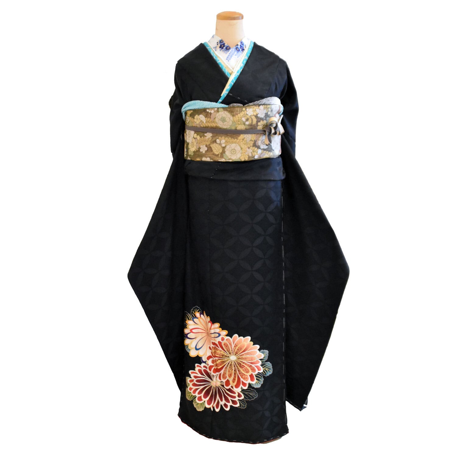 振袖 レンタル フルセット M〜Lサイズ 七宝文様 菊文様ワンポイント 黒地 【KIMONO梅千代】 umefv-0058