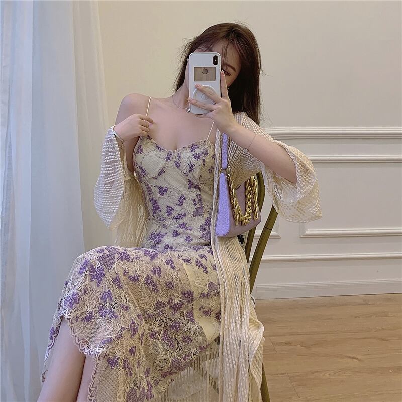 レースシフォンスリングドレス女性の夏軽い成熟したスタイルセクシーな気質中間丈スカート2020新しいウエストスカート ブラックストロベリース55720008445