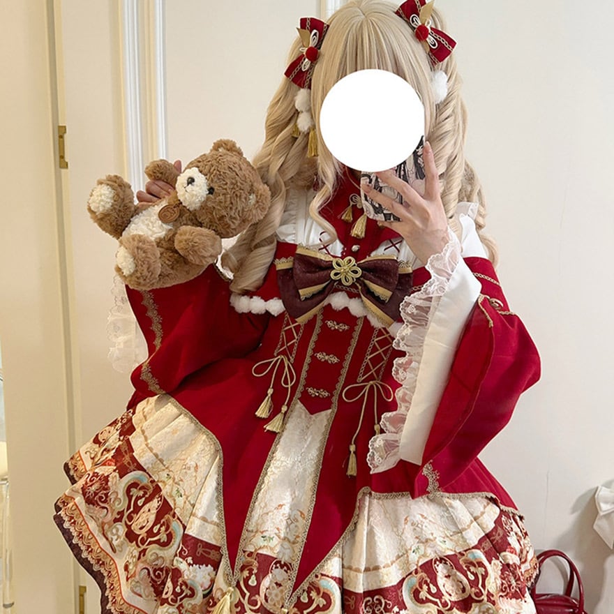 中華ロリィタ ドレス ヘアクリップ リボン 赤 和風