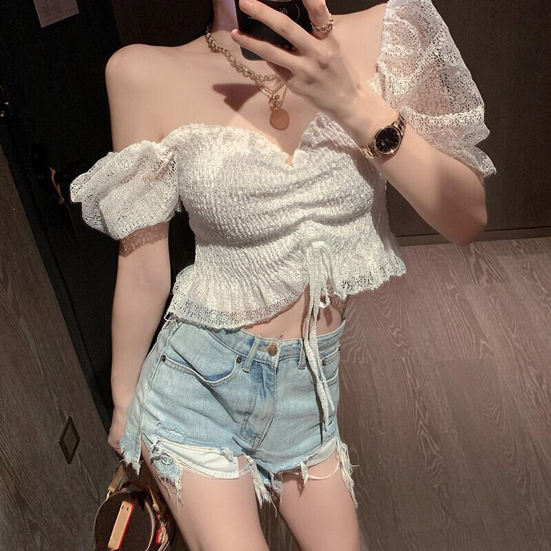 スリーブホワイトレースシャツ トップス サマープリーツ 夏物 ガールズファッション18979750019