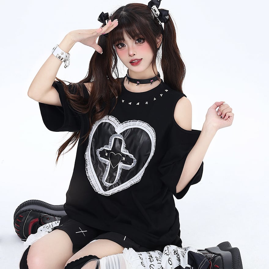 即納 CRAZYGIRL Tシャツ オープンショルダー 半袖カットソー ハート