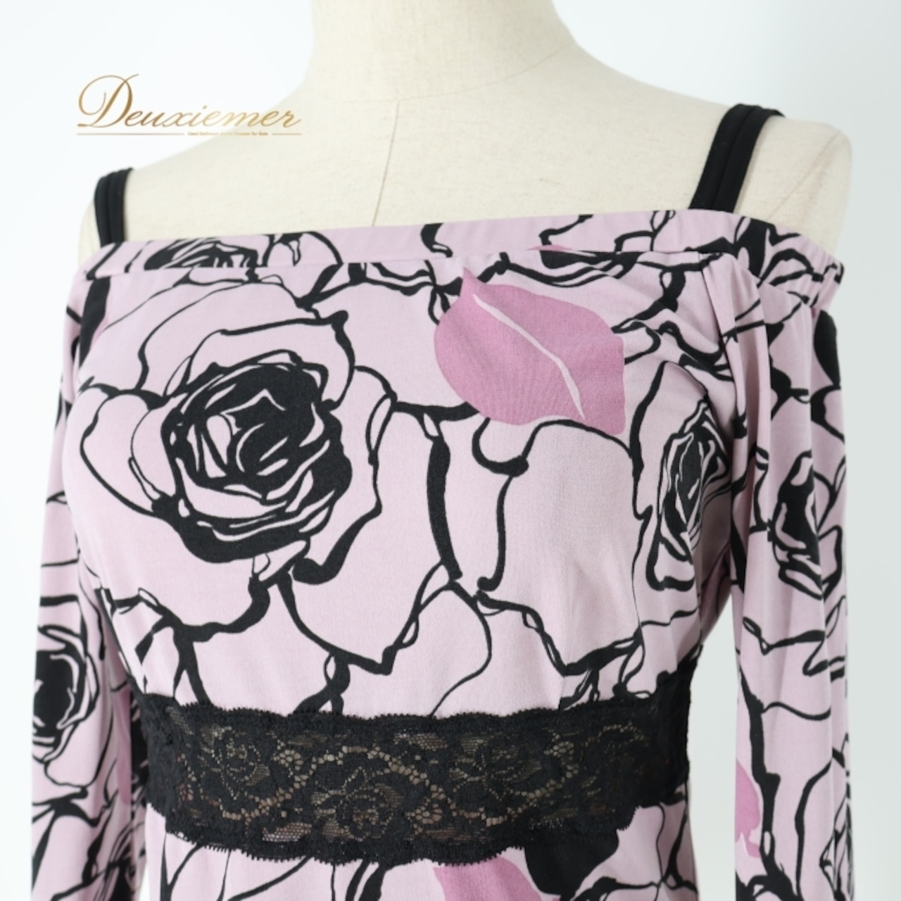 社交ダンス 衣装 トップス ブラウス パープル系 チャコット Chacott 日本製 花柄 レース 紫 黒 上品 オフショルダー パーティー かわいい フラワー くすみカラー イベント 練習 レッスン 伸縮 ストレッチ ステージ 七分袖 ブラック系