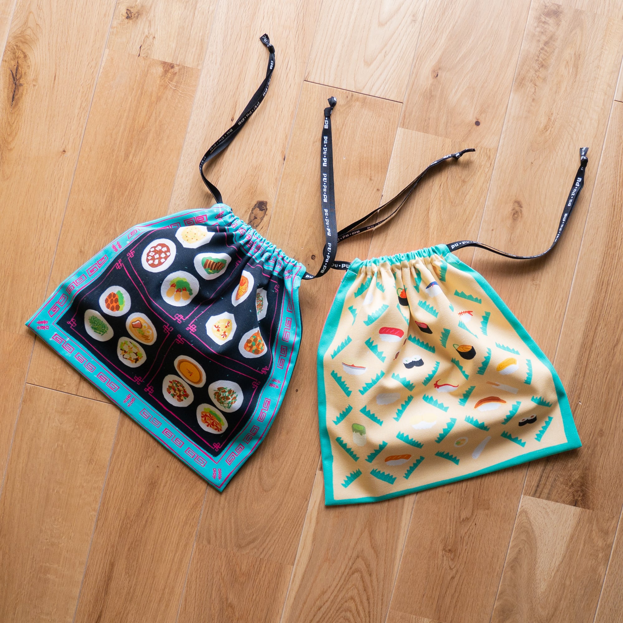 pupupu 2wayおいしい巾着バッグ純喫茶柄と中華柄のリバーシブル ぷぷぷ巾着 いろんなメニュー | pu・pu・pu