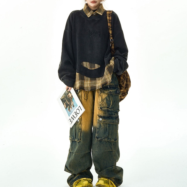 チェックレイヤードクラッシュスウェット 2col R00983