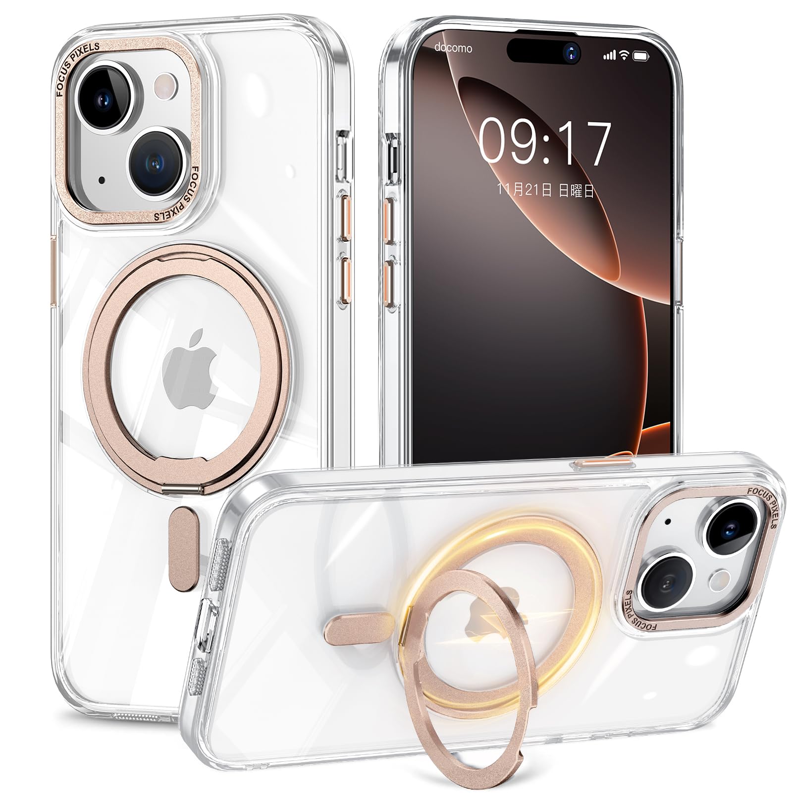 【新着特価】iPhone 15 用 ケース 縦横両対応 リング 【多機能360度回転スタンド】MagSafe対応 ワイヤレス充電対応 半透明マット スマホケース 米軍規格 耐衝撃 カメラレンズ保護 車載ホルダー対応 6.1インチ アイフォン15 ケース (ブロンズゴールド iPhone 15)