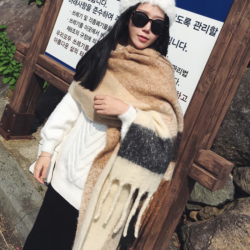 ハンファンカラーマッチングロングテルイミテーションカシミヤスカーフレディース厚手ウォームショールデュアルユーススカーフ秋冬学生トレンド ブラック・アイド・ピーズ76285518299