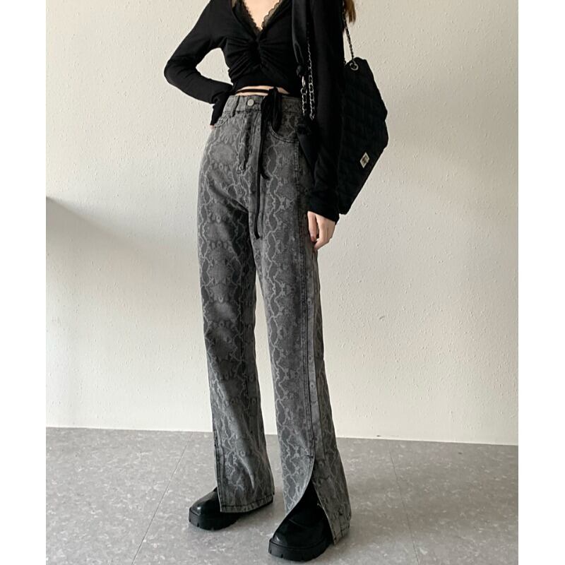 スタンダードスネークパターンスリットジーンズ スプリングハイウェストウェストワイドレッグ レトロ 春物 ワイドパンツ YY-ファッション46064973374