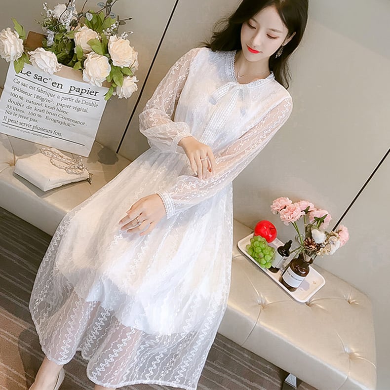 ワンピース ドレス レース シフォン 総レース 長袖 ミディアム丈 胸元