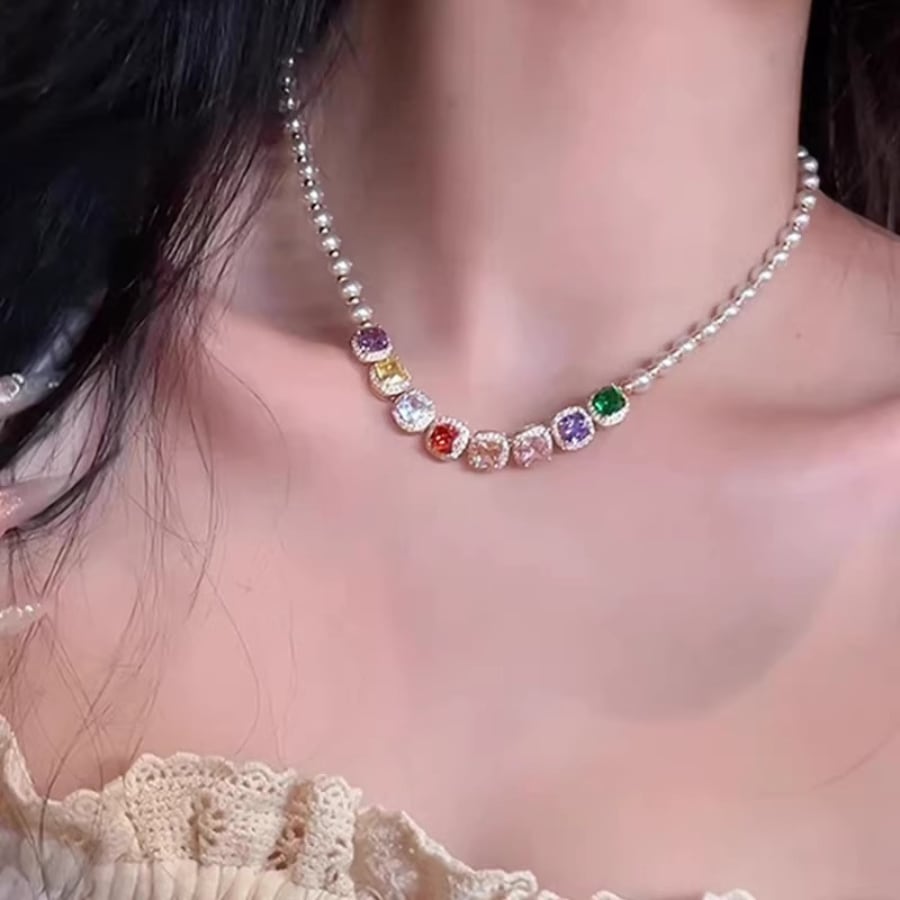カラフルジェムストーンパールネックレス