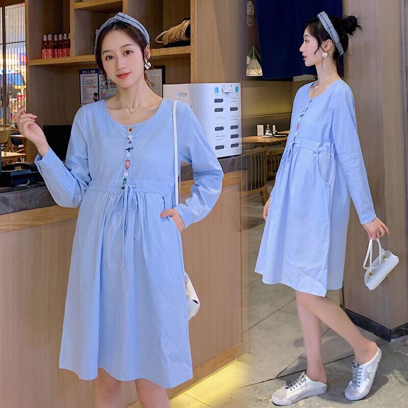 【新作】【送料無料】 6019＃秋春長袖薄い縦縞コットンマタニティドレススリムウエスト服妊婦妊娠 ロング スプリング 春物 オータム 秋物 ストライプ AL expec480183933292