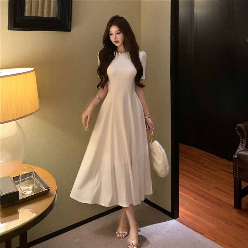 ロングドレス エレガント パールカラー フレンチスタイル ハイウエスト Aライン フレア パーティー デート 結婚式のお呼ばれ JC2-LQE1201HF350