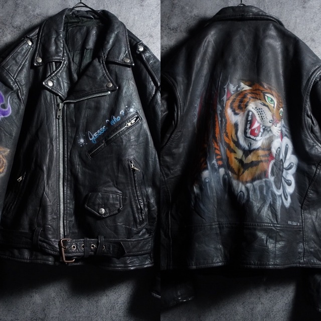 Black Tiger Spray Art Design Leather Rider Jacket