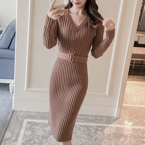 ニットロングワンピース タイト Vネック ざっくり 長袖 ミディ丈 ひざ下 膝下 大人シンプル 無地 ウエストベルト フロントボタン 美シルエット レディース 秋冬ファッション Sheratan アラサーol 通勤 女子会ファッション専門店