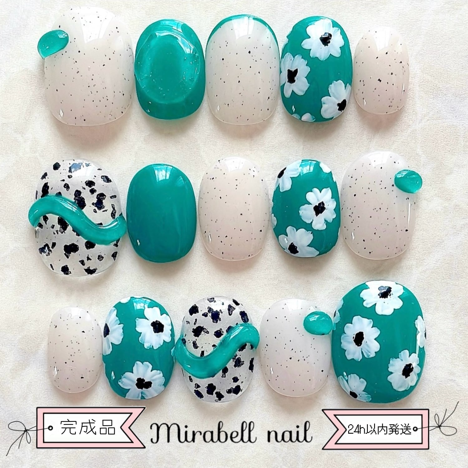【完成品 即日発送】ボッテガグリーン 小花 ぷっくり 韓国ネイル 15枚 ネイルチップ セット #ncs019