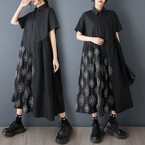 BLACK STITCH HALF SLEEVES A-LINE MIDI SHIRT DRESS 1color M-16166