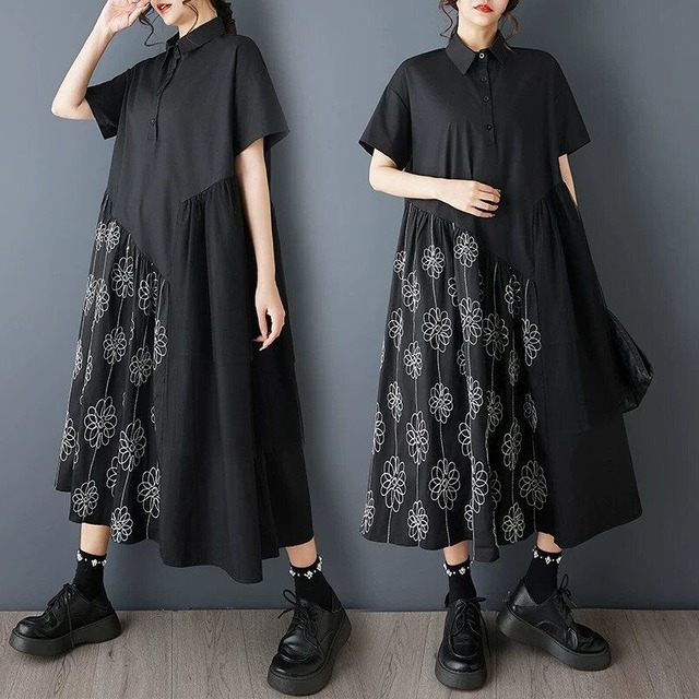 BLACK STITCH HALF SLEEVES A-LINE MIDI SHIRT DRESS 1color M-16166