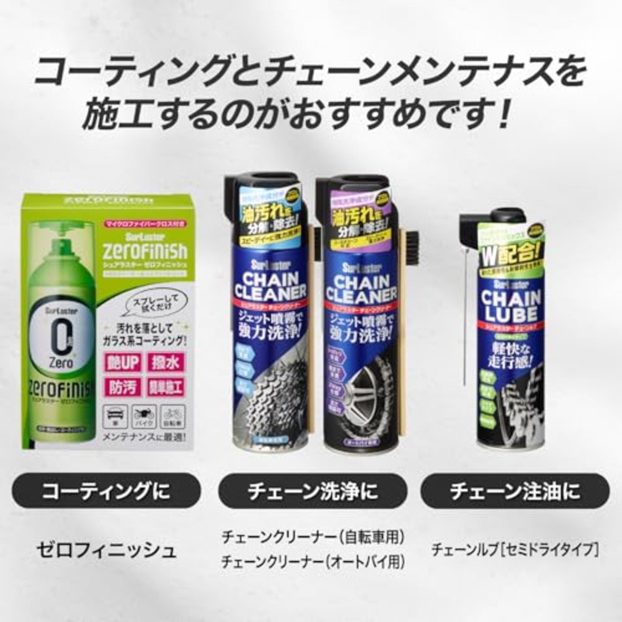 SurLuster(シュアラスター) バイクシャンプー 洗車 スプレータイプ オートバイ 自転車 ノーコンパウンド 弱アルカリ性 チェーン ホイール ボディ 防錆 S-142