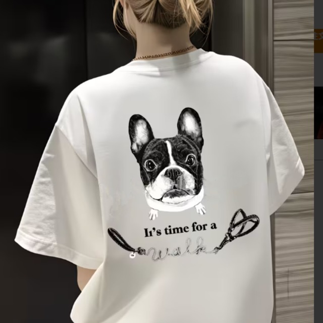 Print Oversized French Bulldog T-shirt　　t-item-0032