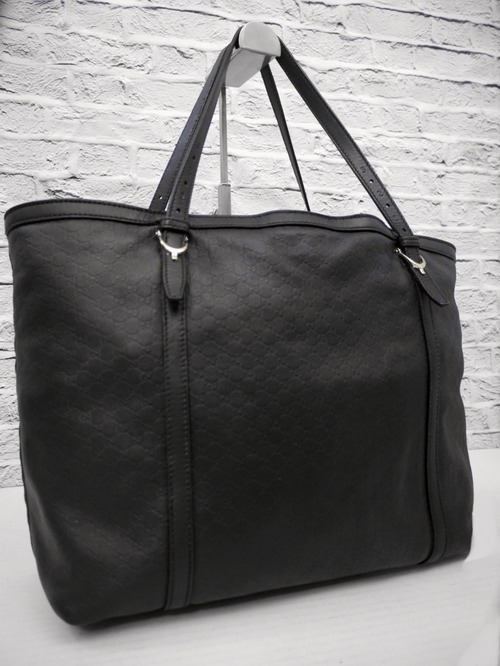 レア◆GUCCI グッチ マイクロGGライン A4対応 ビジネス可 ユニセックス エンボス レザー トート ハンド バッグ 黒◆ 通勤・通学にも大活躍のA4対応♪