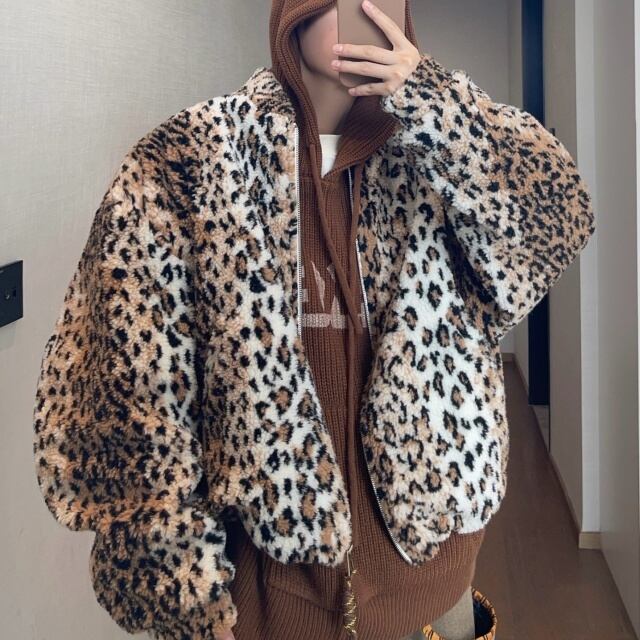 【予約販売】ボアブルゾン アウター アニマル柄 ヒョウ柄 総ボア もこもこ 総柄 冬 防寒 ジャケット ショート丈 メンズ カジュアル 男前 こなれ感 お洒落 韓国 トレンド 秋 冬 M/L/XL/2XL