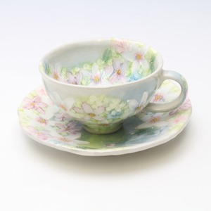 薄紅花景色　コーヒー碗皿 [碗／径10.5×高6.3cm・皿／径15.6cm]【陽だまりの小さなお茶会】
