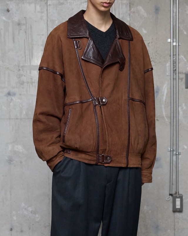 double-breasted design suede × leather padded jacket / Made In SPAIN