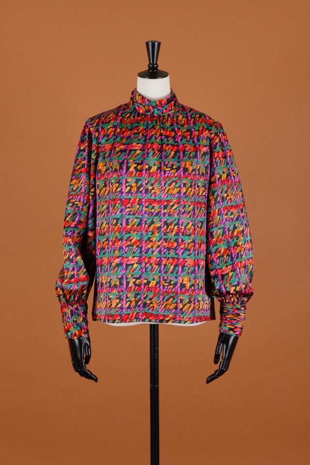 1980s "ALEXANDRIA PETITE" Multi pattern high neck blouse