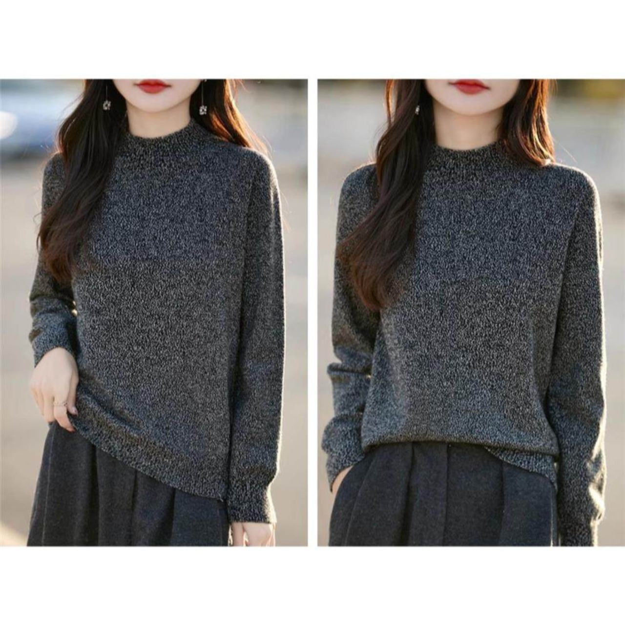 長袖 セミハイネック 混色ニットプルオーバー 9color W01078