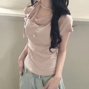 オフショルダー Tシャツ ドット柄 レディース 春夏 韓国 肌見せ おしゃれ 大人 カジュアル リボン フェミニン アシンメトリー 肩出し チョーカートップス 大人可愛い 大人女子