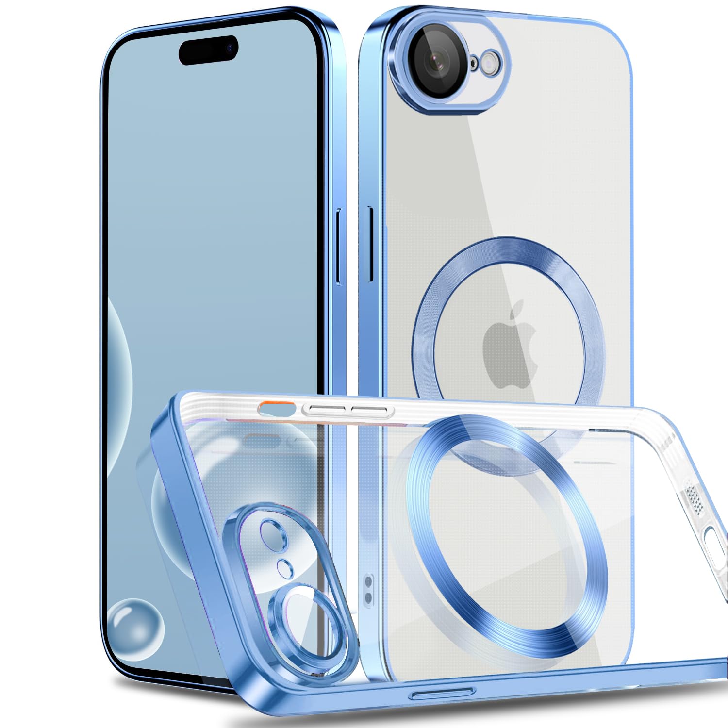 MuZiF iPhone 16 用 ケース クリア メッキ加工 Magsafe対応 永久磁石 レンズ保護 TPU ソフトケース 薄くて軽い 人気 耐衝撃 携帯カバー アイフォン 16 用 クリアケース (iPhone 16用,ブルー