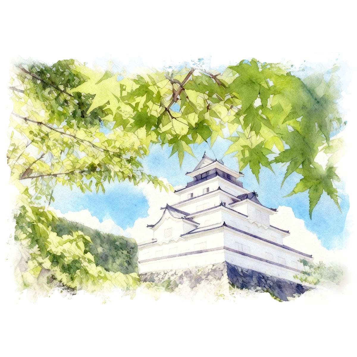 絵画 風景画 日本の城 福島県会津若松城(鶴ヶ城) インテリアアート額付き 水彩画・油絵風 WAT0962