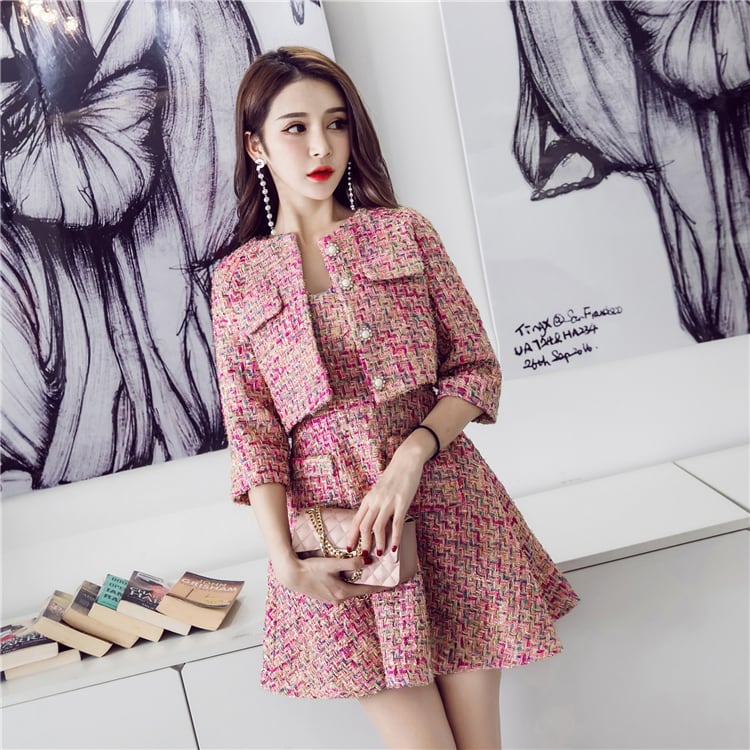 韓国　ファッション　レディース　ツイード　ワンピース　ピンク　パーティードレス