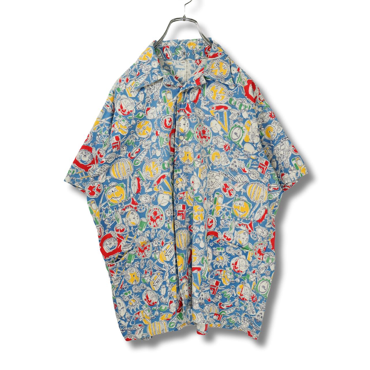 オープンカラーシャツ 柄シャツ 古着 ブルー 半袖シャツ PA253