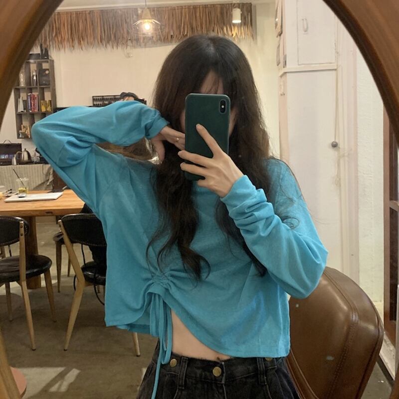 ブルーTシャツ サマー薄手ルーズギャザーショートトップス ロング 夏物 スーパーモール5578328512