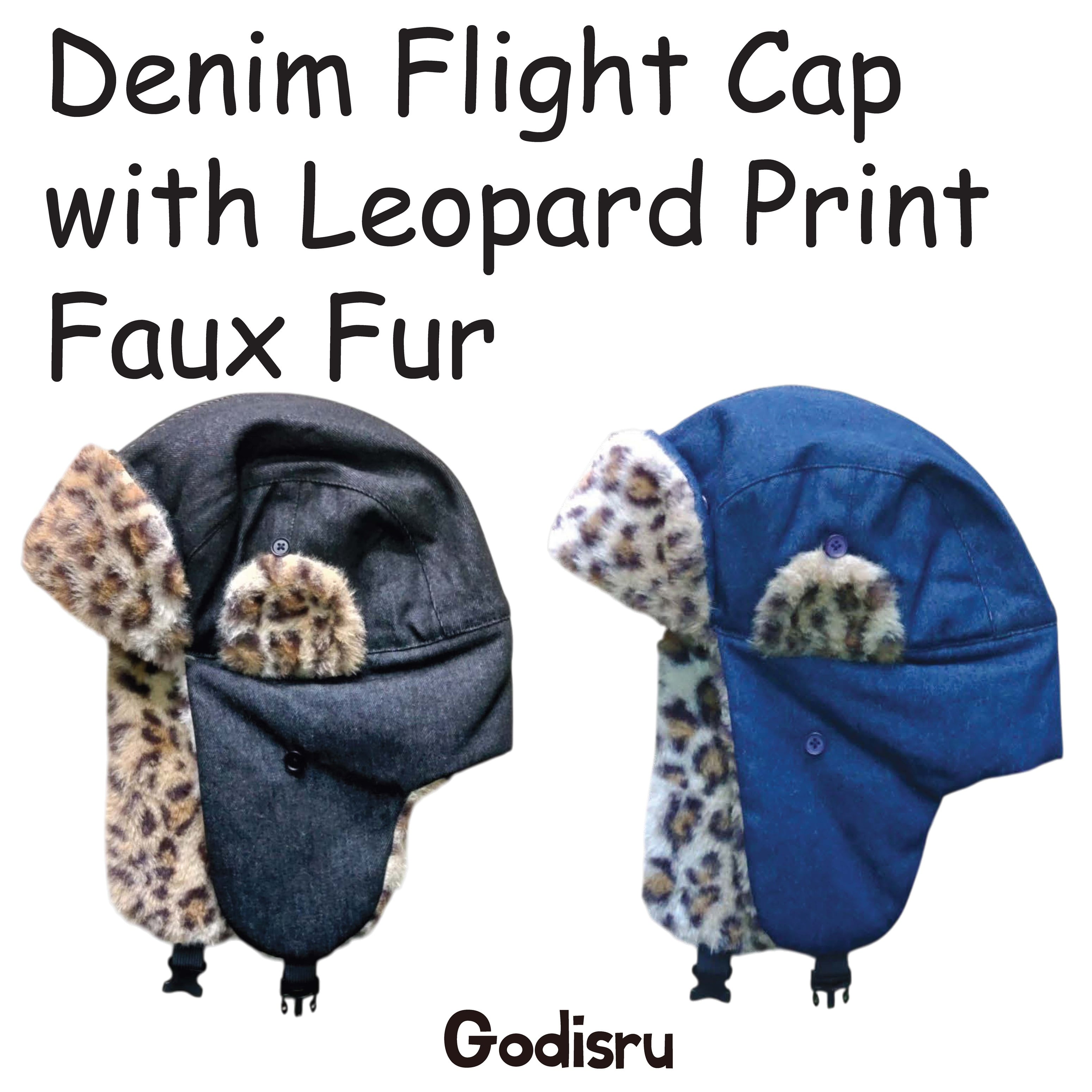 ヒョウ柄フライトキャップ／デニム×フェイクファー | Godisru
