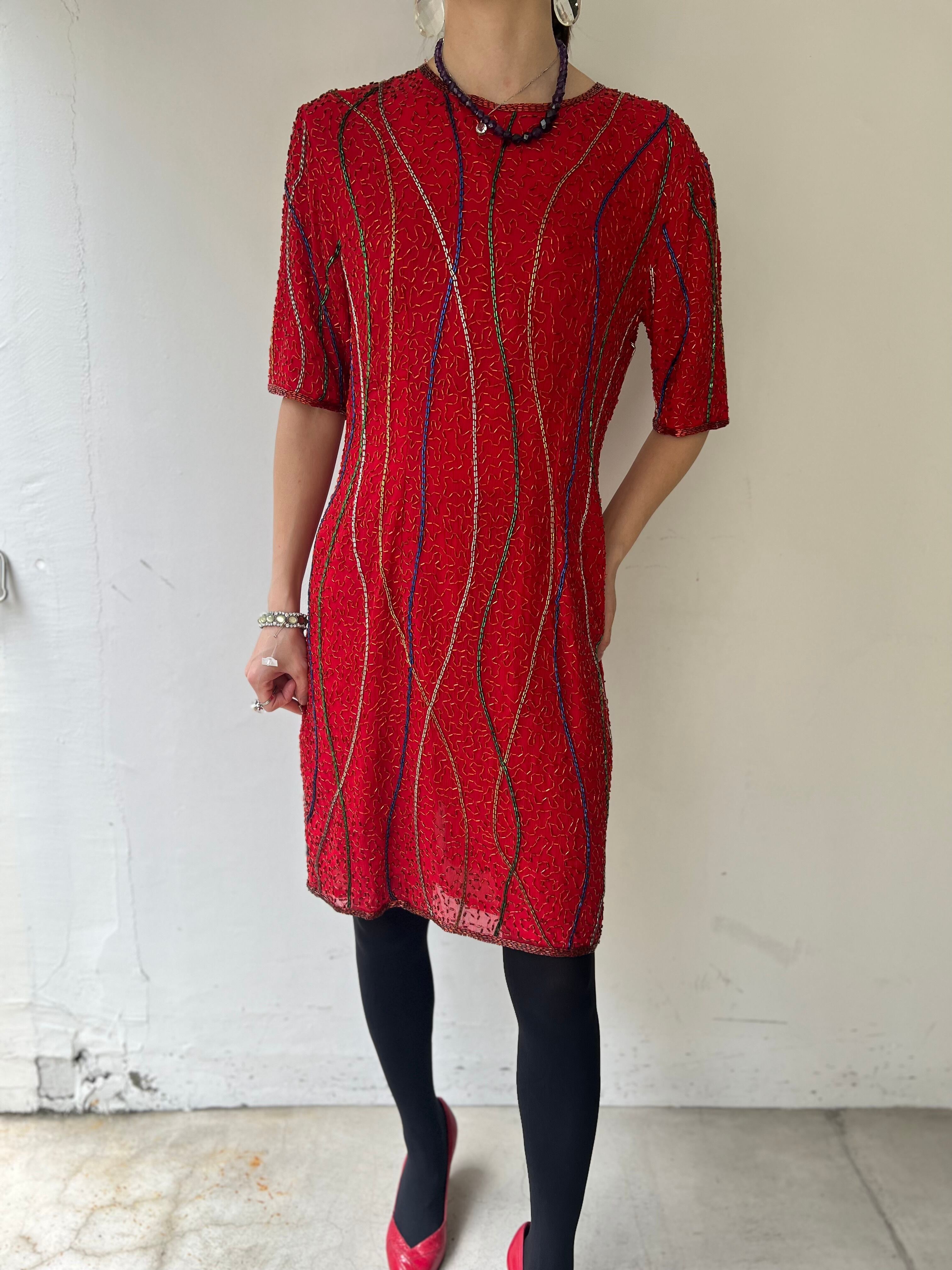 Vintage "Neiman marcus" red beads dress ( ヴィンテージ ニーマン マーカス レッド × ビーズ ワンピース ドレス )