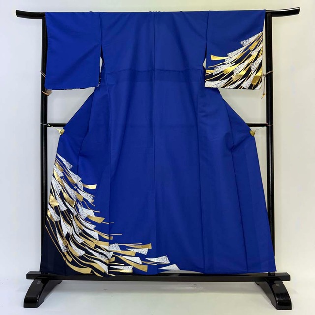 訪問着 付け下げ 単衣 洗える着物 裄65.5cm 礼装 ポリエステル Aランク M サイズ 青 4357