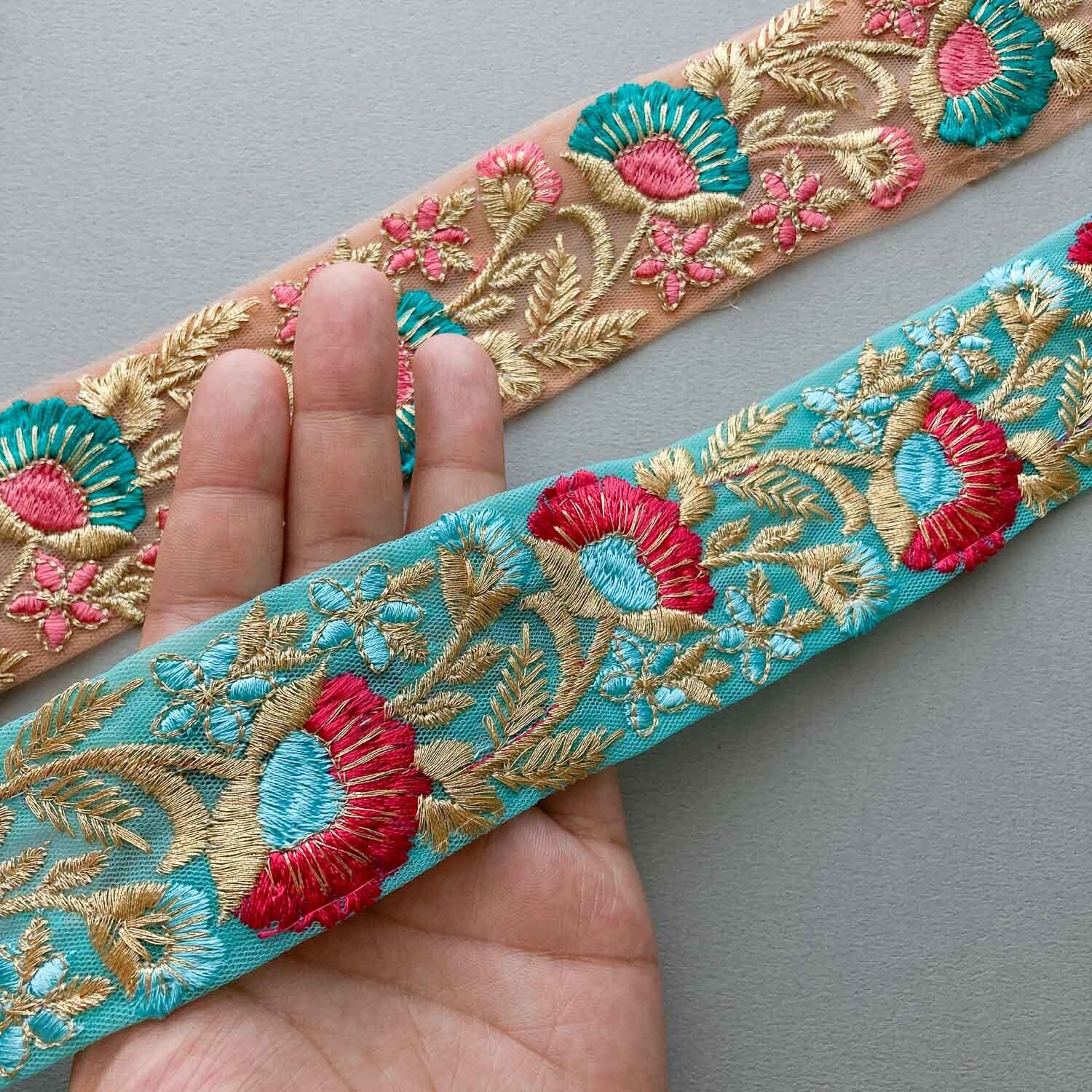 再入荷〉扇お花刺繍バイカラーチュールリボン（1mカット） | Dua
