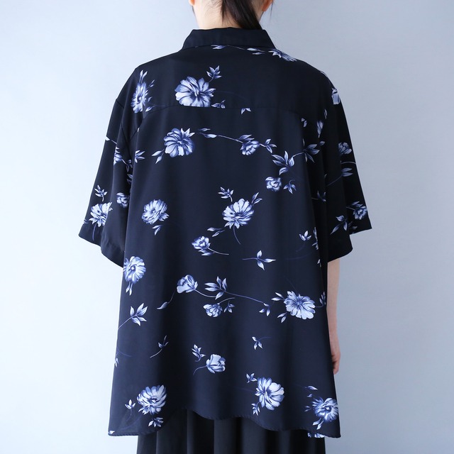 "花柄" black base blue flower pattern box silhouette open collar h/s shirt