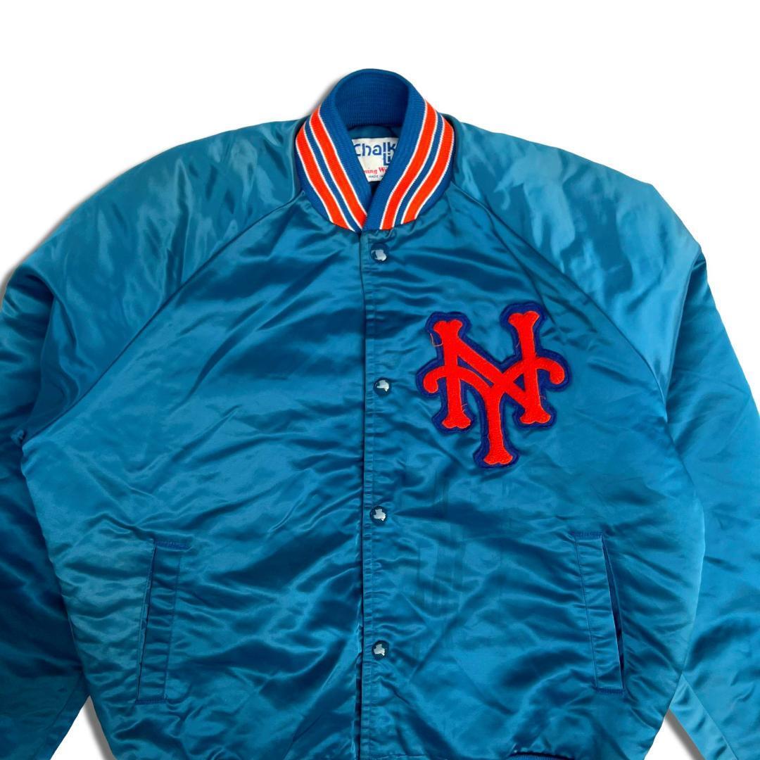 80s USA製 Chalk Line ナイロンスタジャン S メッツ ブルー ニューヨーク・メッツ New York Mets MLB ストリート  HIPHOP B系 サテンスタジャン ワッペン