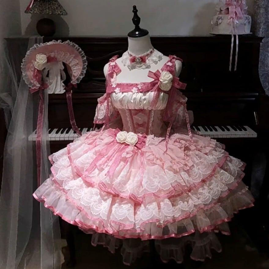ロリータファッション 甘ロリ ピンク 薔薇リボンフリルドレス